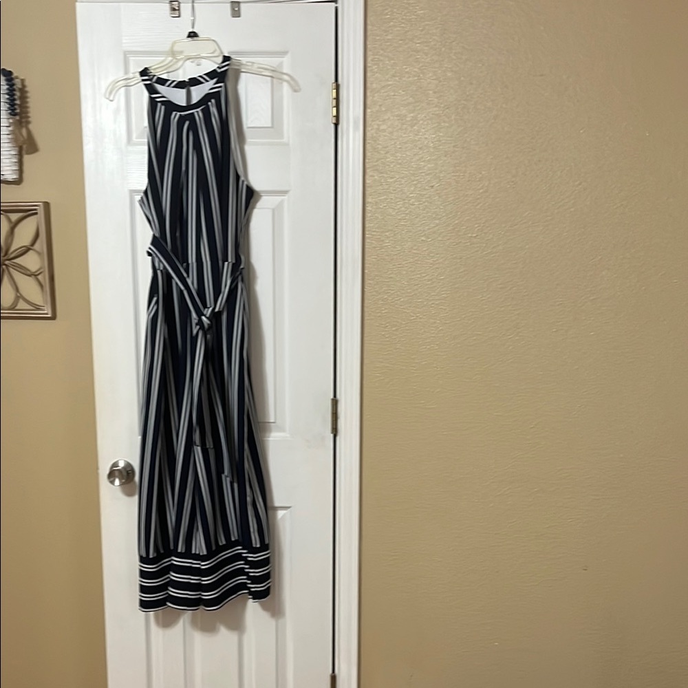 Elegant Navy and White Striped Maxi Jumpsuit